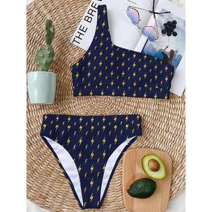 Yellow Lightning Bolts Pattern Print One Shoulder Bikini Top