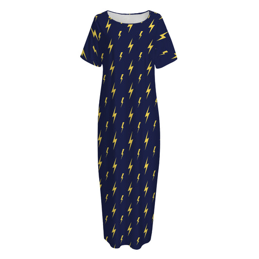 Yellow Lightning Bolts Pattern Print Short Sleeve Long Nightdress