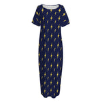 Yellow Lightning Bolts Pattern Print Short Sleeve Long Nightdress