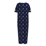 Yellow Lightning Bolts Pattern Print Short Sleeve Long Nightdress