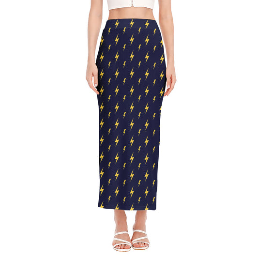 Yellow Lightning Bolts Pattern Print Side Slit Maxi Skirt