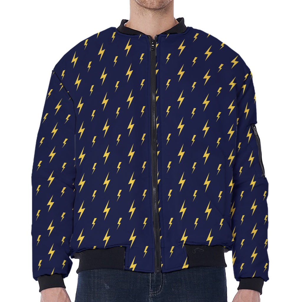 Yellow Lightning Bolts Pattern Print Zip Sleeve Bomber Jacket