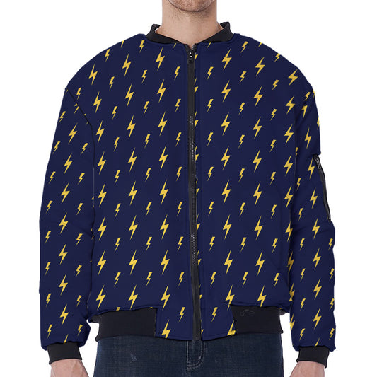 Yellow Lightning Bolts Pattern Print Zip Sleeve Bomber Jacket