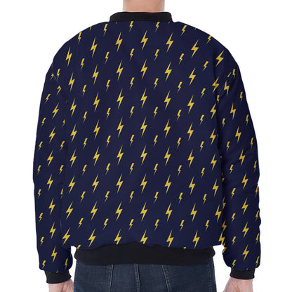 Yellow Lightning Bolts Pattern Print Zip Sleeve Bomber Jacket