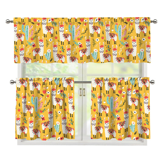 Yellow Llama Pattern Print 3 Piece Kitchen Curtains