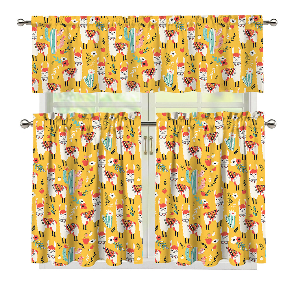 Yellow Llama Pattern Print 3 Piece Kitchen Curtains