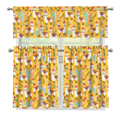 Yellow Llama Pattern Print 3 Piece Kitchen Curtains
