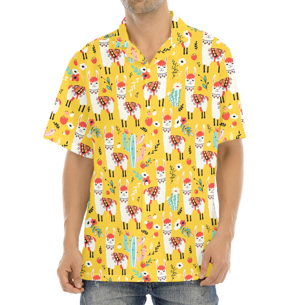 Yellow Llama Pattern Print Aloha Shirt