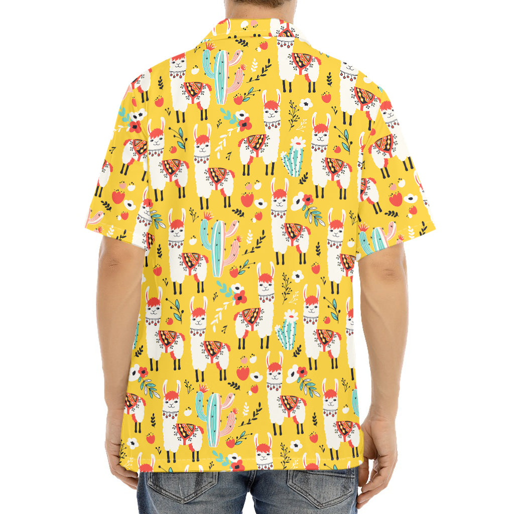 Yellow Llama Pattern Print Aloha Shirt