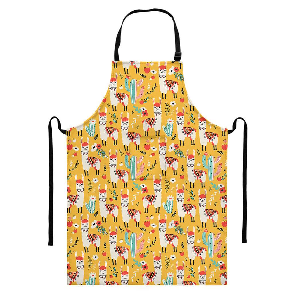 Yellow Llama Pattern Print Bib Apron With Pocket