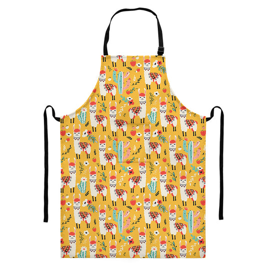 Yellow Llama Pattern Print Bib Apron With Pocket
