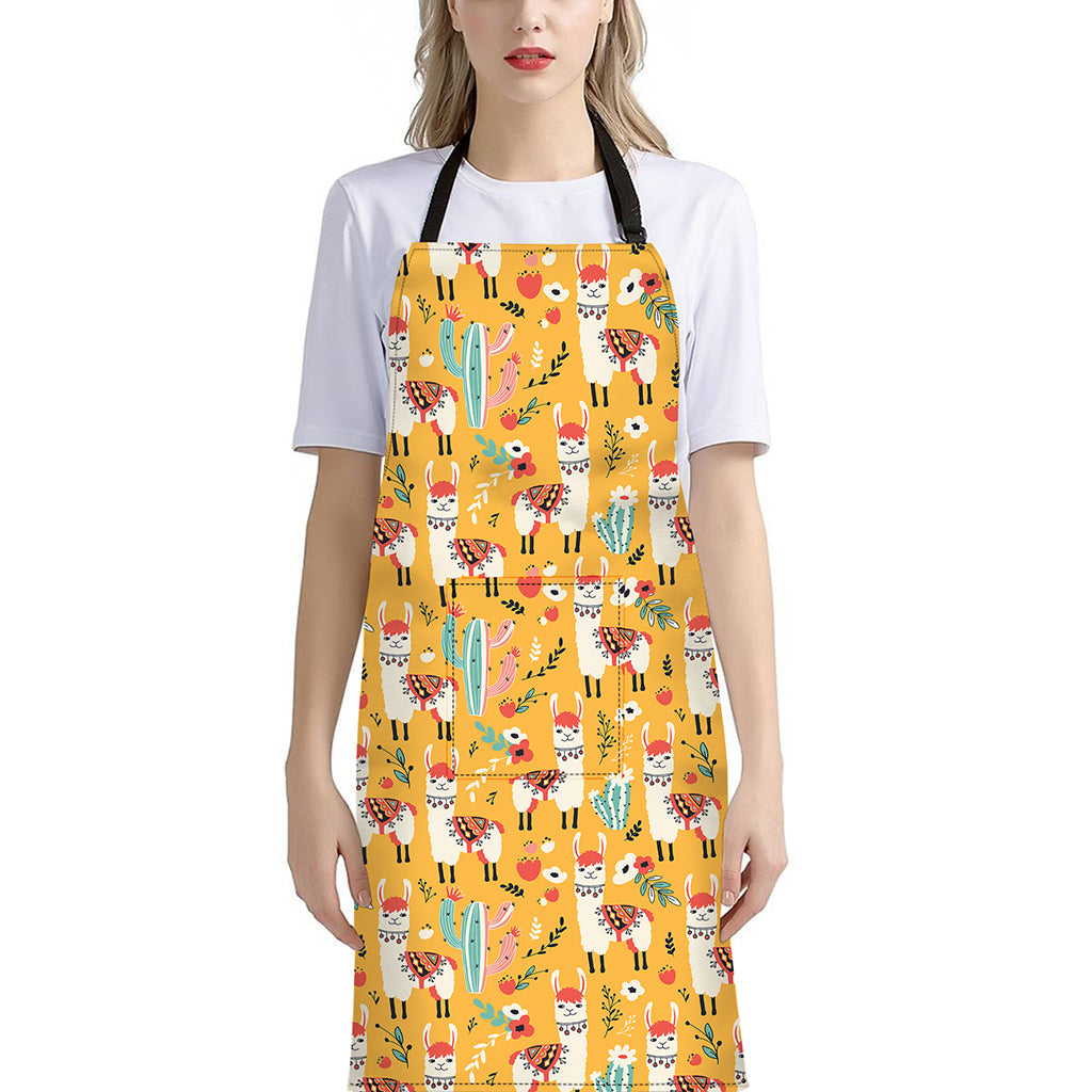 Yellow Llama Pattern Print Bib Apron With Pocket