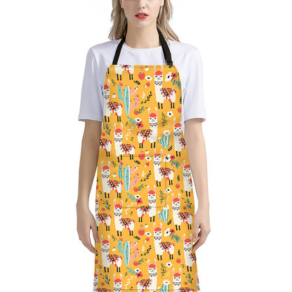 Yellow Llama Pattern Print Bib Apron With Pocket