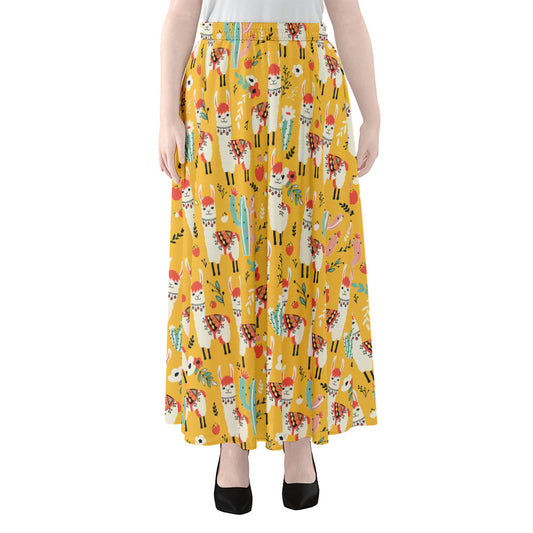 Yellow Llama Pattern Print Chiffon Maxi Skirt