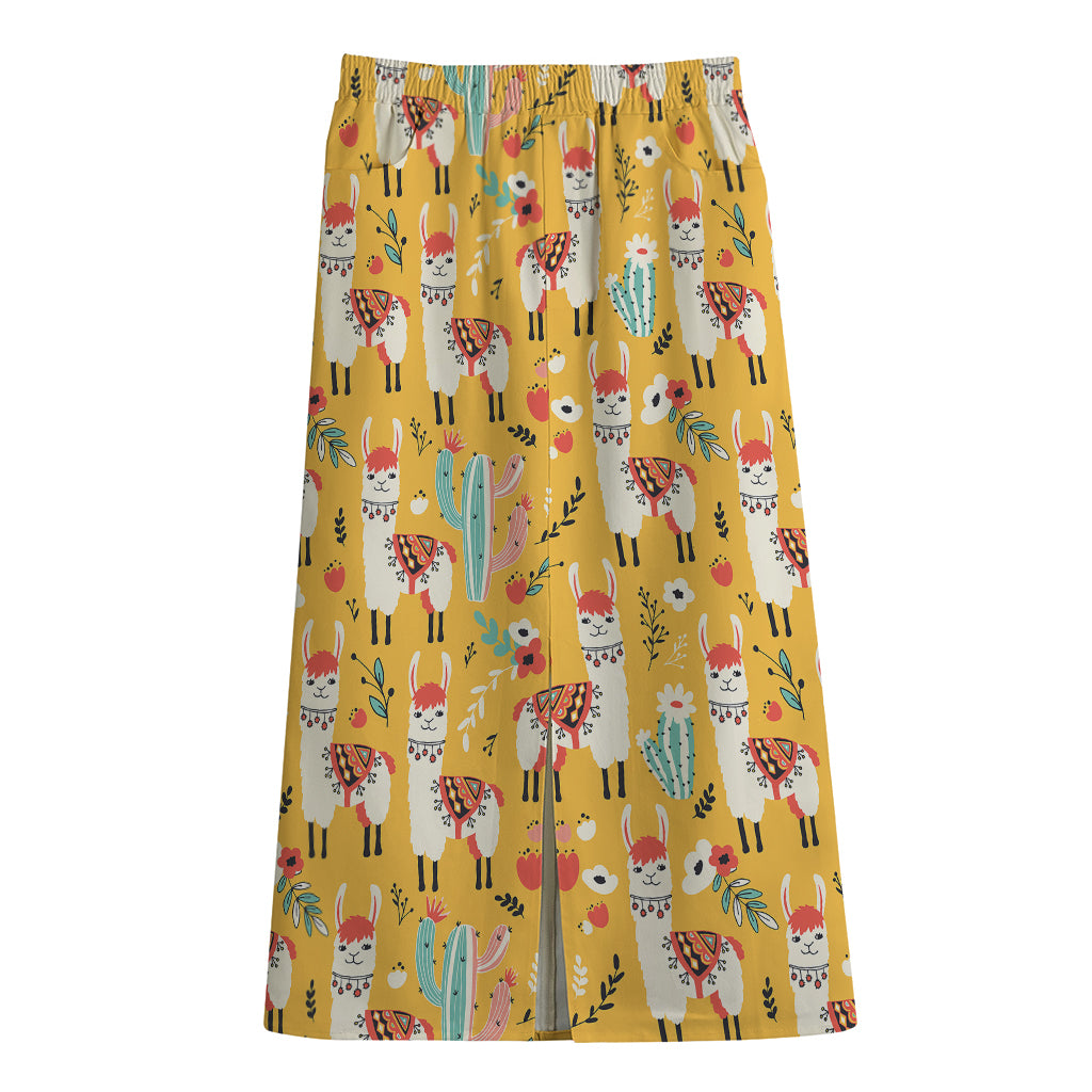 Yellow Llama Pattern Print Cotton Front Slit Maxi Skirt