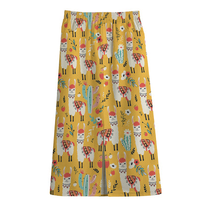 Yellow Llama Pattern Print Cotton Front Slit Maxi Skirt