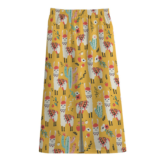 Yellow Llama Pattern Print Cotton Front Slit Maxi Skirt