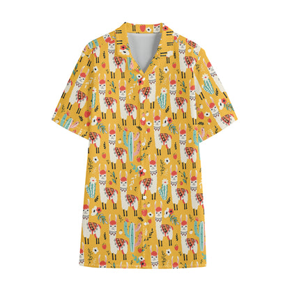 Yellow Llama Pattern Print Cotton Hawaiian Shirt