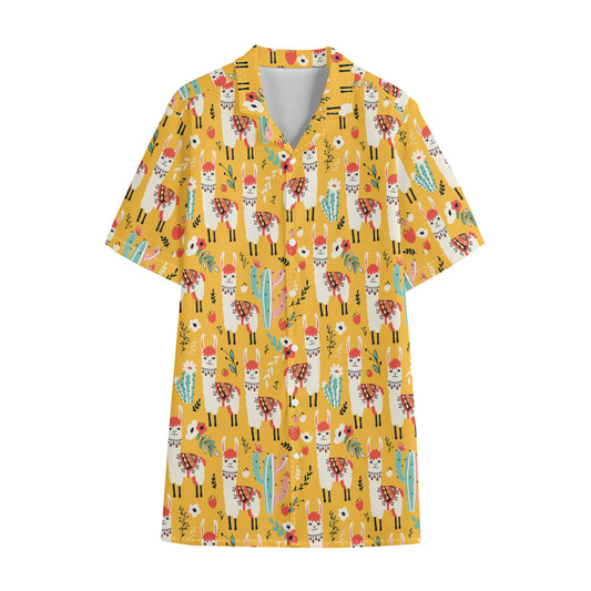 Yellow Llama Pattern Print Cotton Hawaiian Shirt
