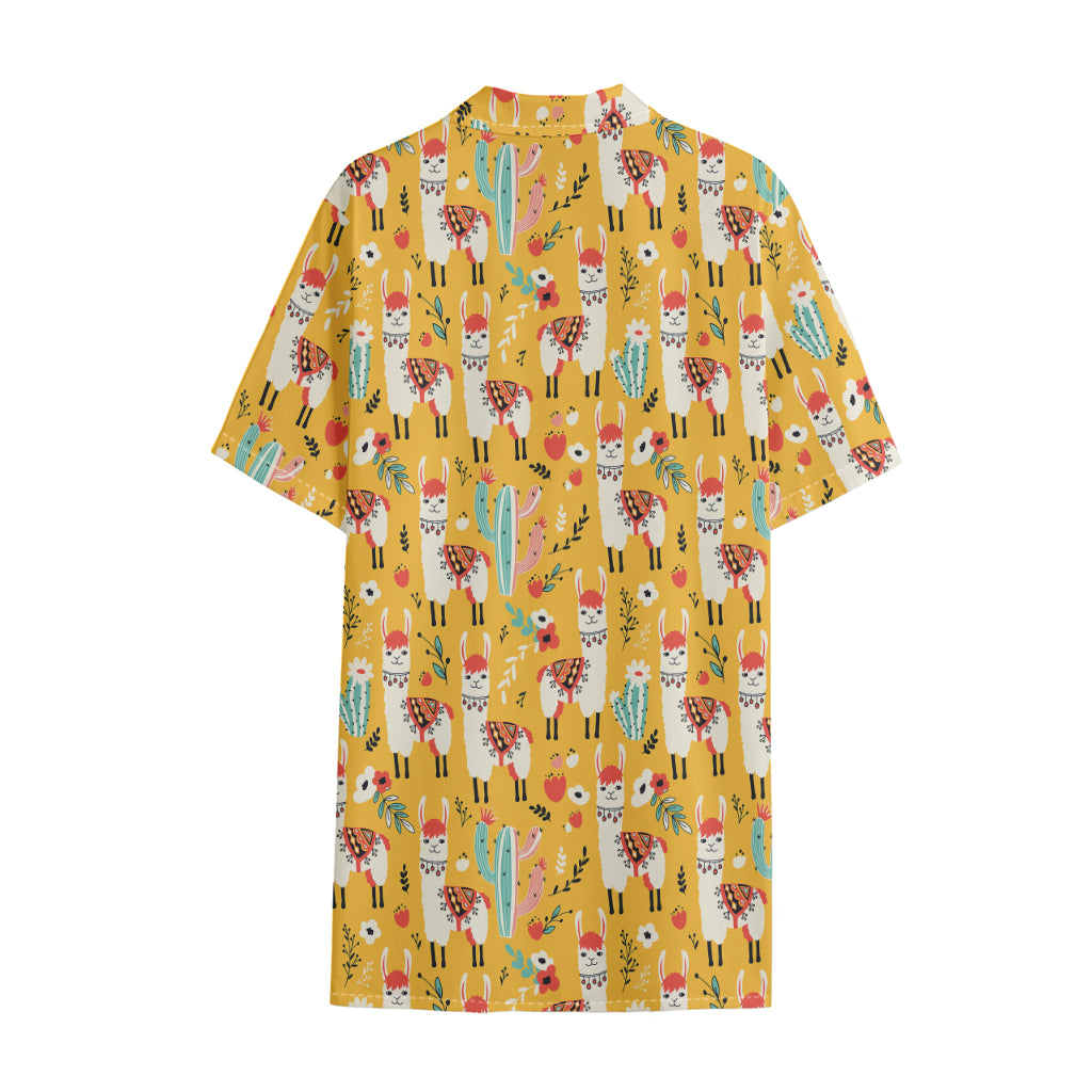 Yellow Llama Pattern Print Cotton Hawaiian Shirt