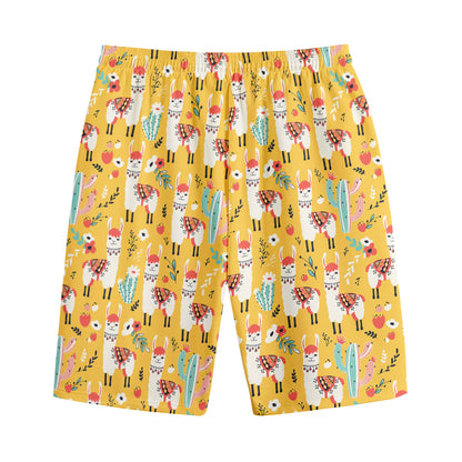 Yellow Llama Pattern Print Cotton Shorts