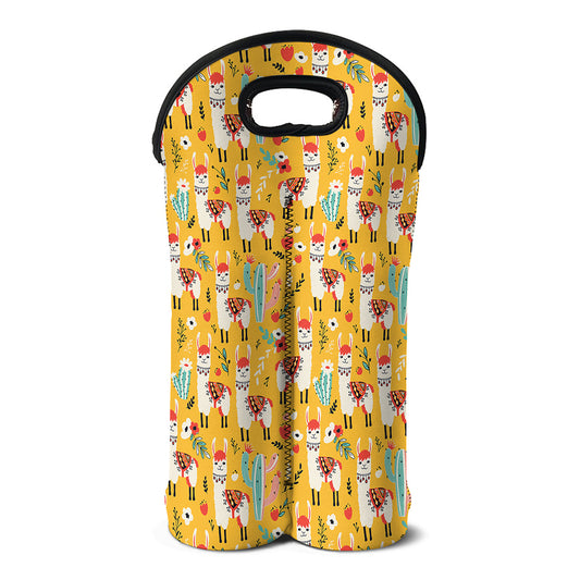 Yellow Llama Pattern Print Double Neoprene Wine Tote