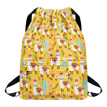 Yellow Llama Pattern Print Drawstring Backpack