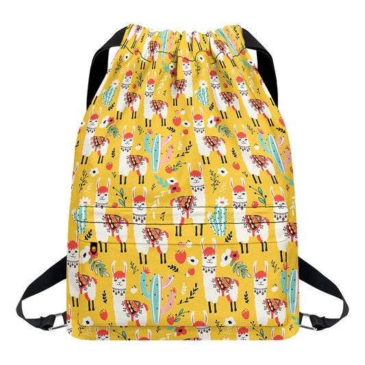 Yellow Llama Pattern Print Drawstring Backpack