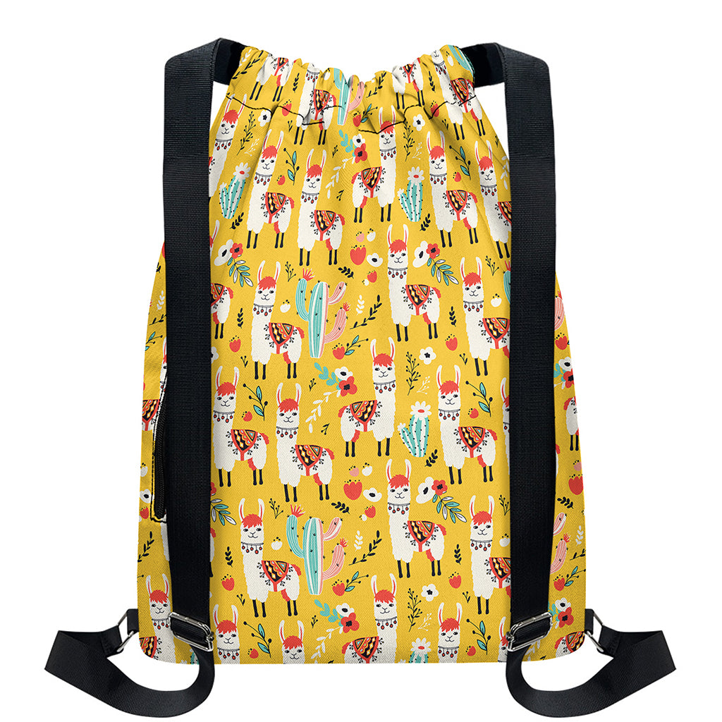 Yellow Llama Pattern Print Drawstring Backpack