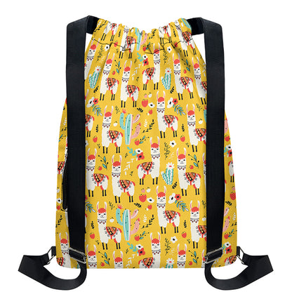 Yellow Llama Pattern Print Drawstring Backpack