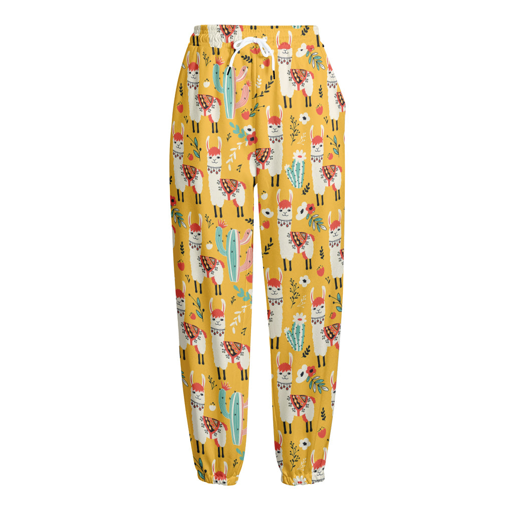 Yellow Llama Pattern Print Fleece Lined Knit Pants