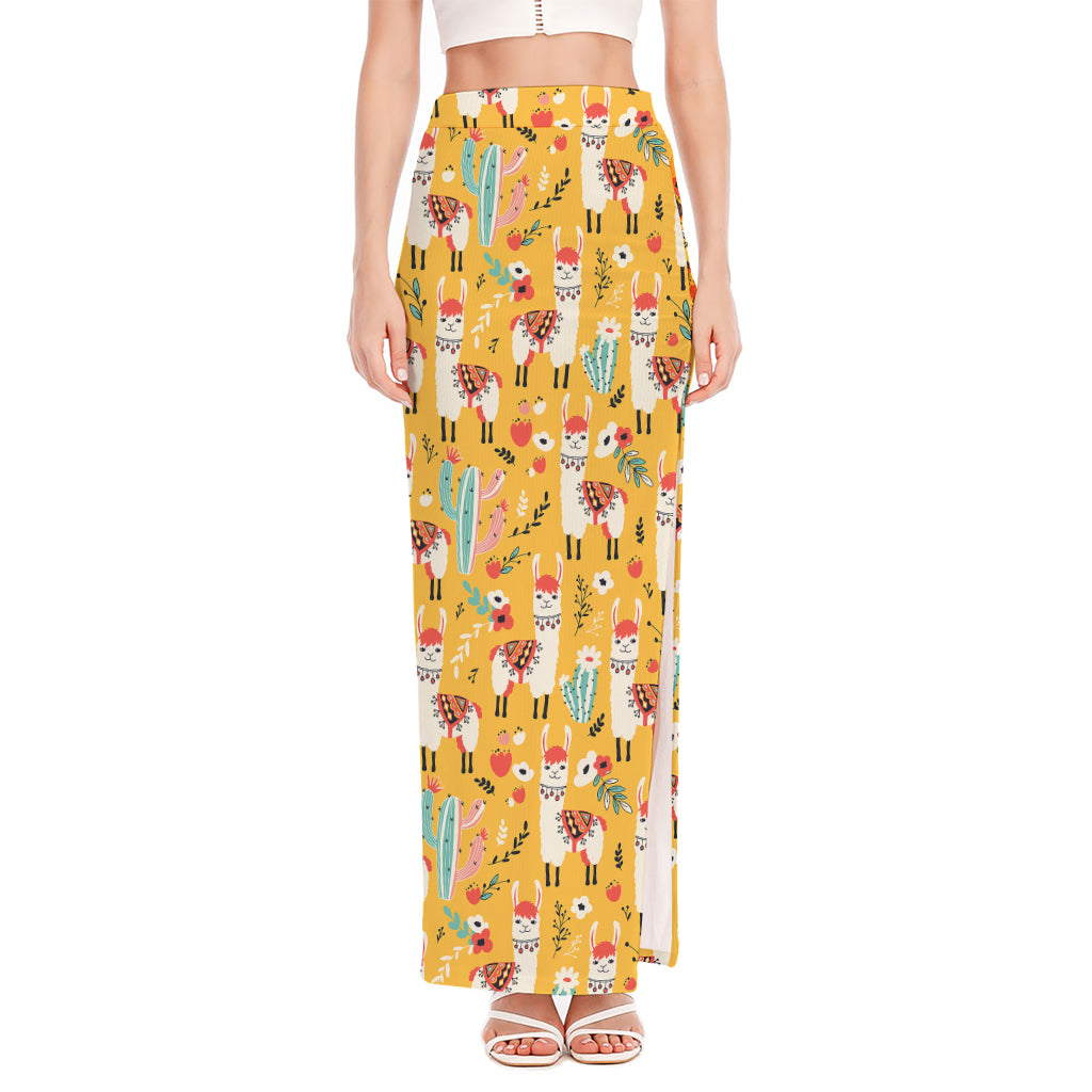 Yellow Llama Pattern Print High Slit Maxi Skirt