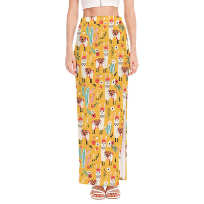 Yellow Llama Pattern Print High Slit Maxi Skirt