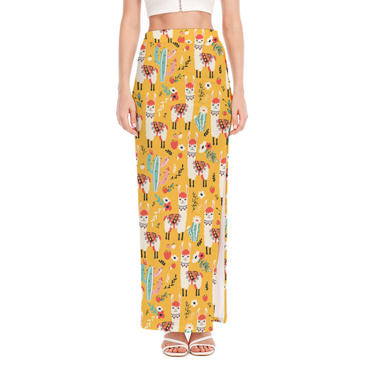 Yellow Llama Pattern Print High Slit Maxi Skirt