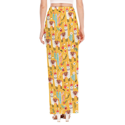 Yellow Llama Pattern Print High Slit Maxi Skirt
