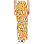 Yellow Llama Pattern Print High Slit Maxi Skirt