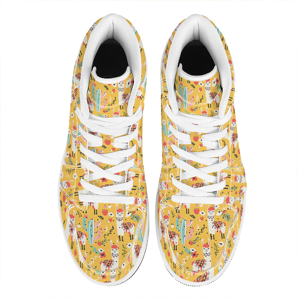 Yellow Llama Pattern Print High Top Leather Sneakers