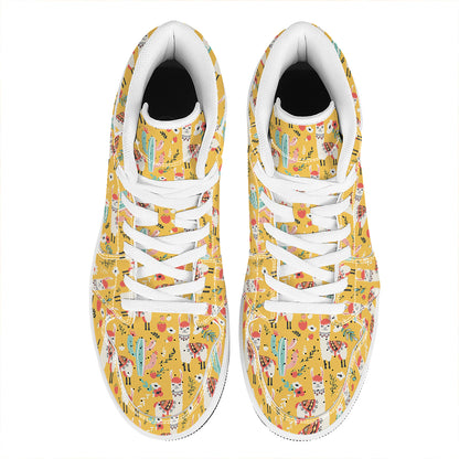 Yellow Llama Pattern Print High Top Leather Sneakers