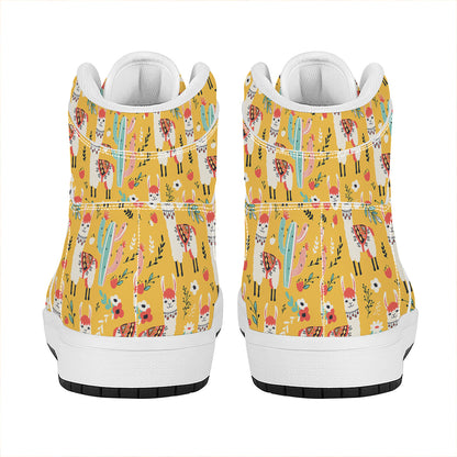 Yellow Llama Pattern Print High Top Leather Sneakers