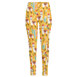 Yellow Llama Pattern Print High-Waisted Pocket Leggings