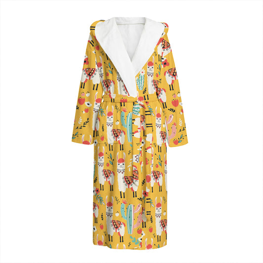 Yellow Llama Pattern Print Hooded Bathrobe