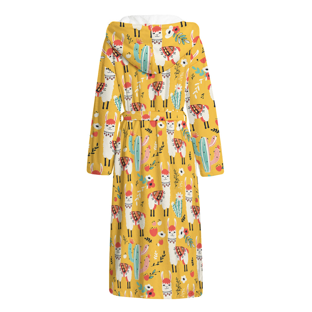 Yellow Llama Pattern Print Hooded Bathrobe