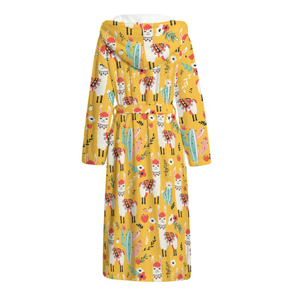 Yellow Llama Pattern Print Hooded Bathrobe