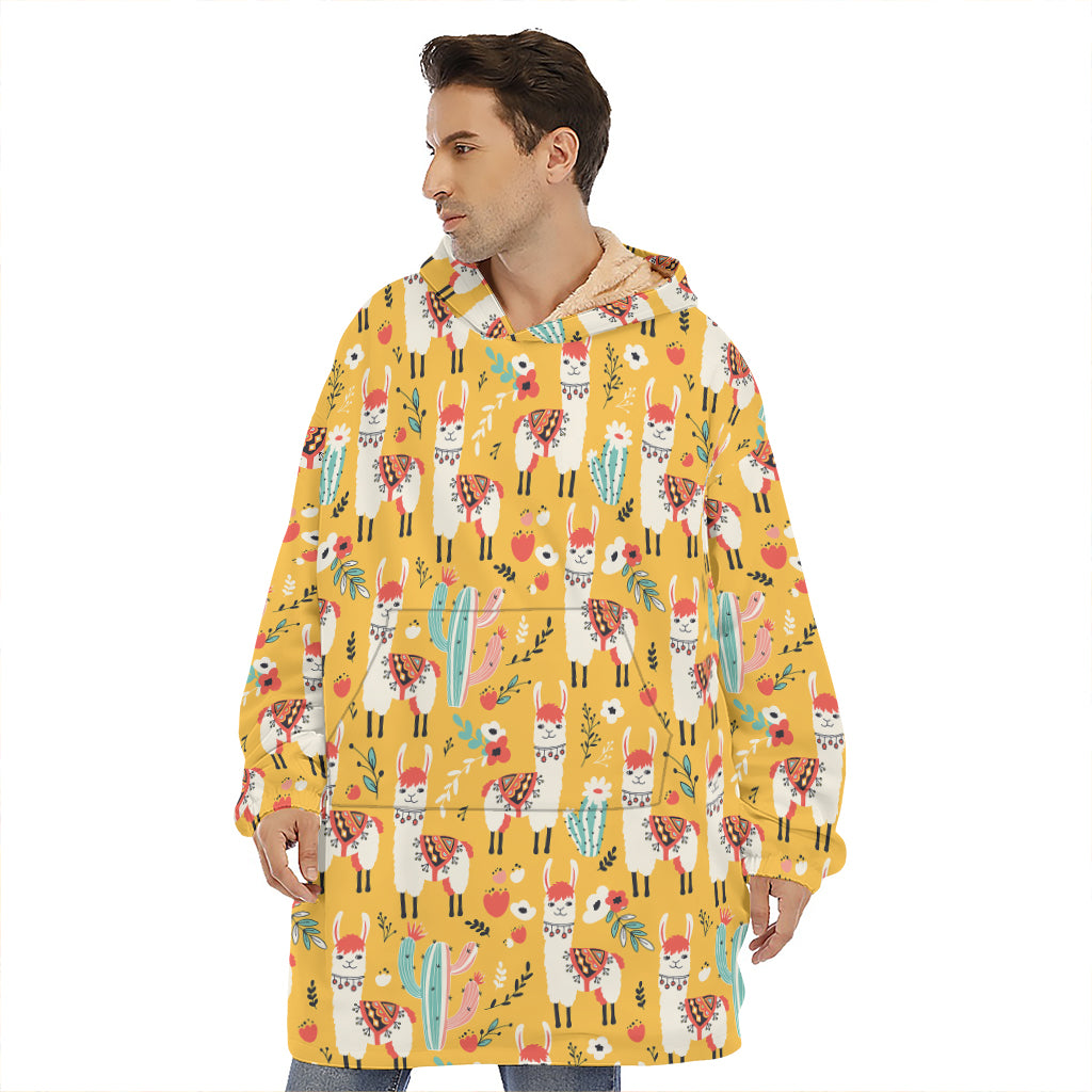 Yellow Llama Pattern Print Hoodie Blanket
