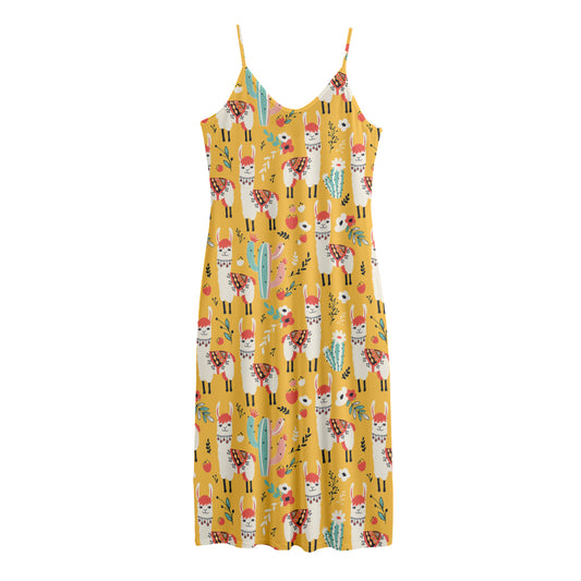 Yellow Llama Pattern Print Jersey Midi Cami Dress