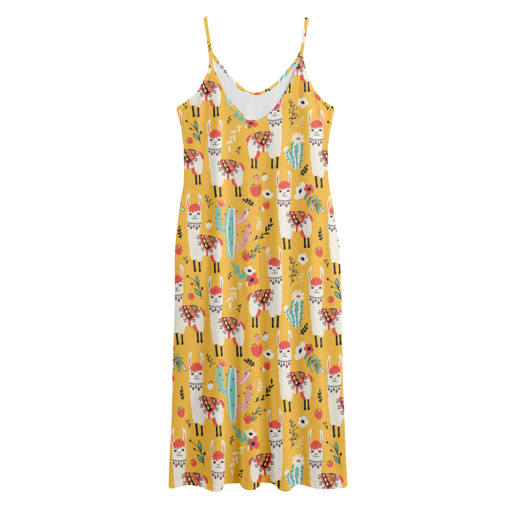 Yellow Llama Pattern Print Jersey Midi Cami Dress