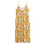Yellow Llama Pattern Print Jersey Midi Cami Dress