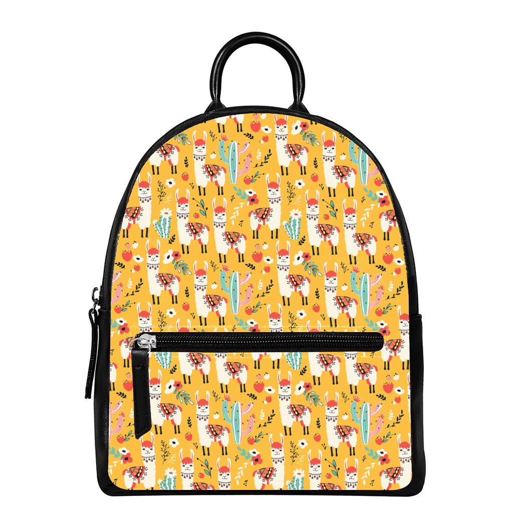Yellow Llama Pattern Print Leather Backpack