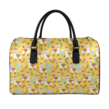 Yellow Llama Pattern Print Leather Duffle Bag