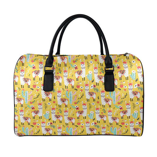 Yellow Llama Pattern Print Leather Duffle Bag